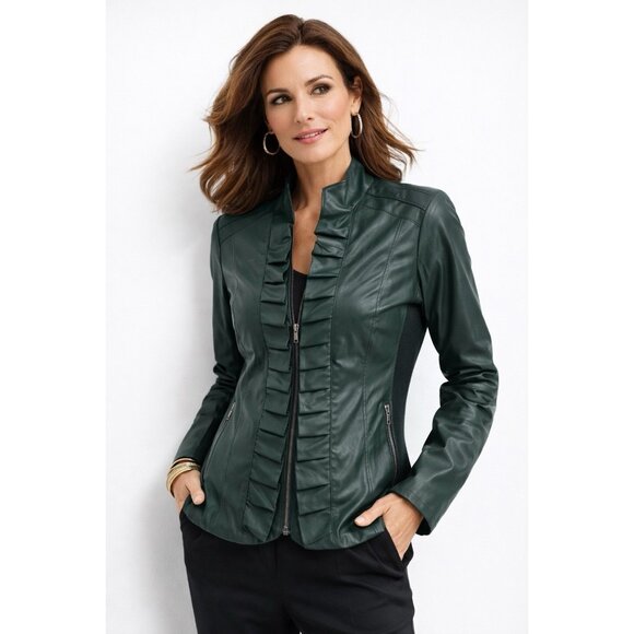 CHICOS faux leather jacket blazer forest green US LARGE 2 12/14 zip up pockets - Picture 2 of 9